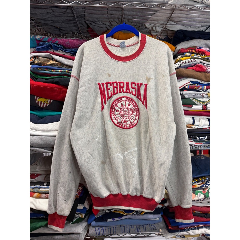 Vintage Nebraska Cornhuskers Sweatshirt Game Grey Red Ringer XL 24.5x30.5